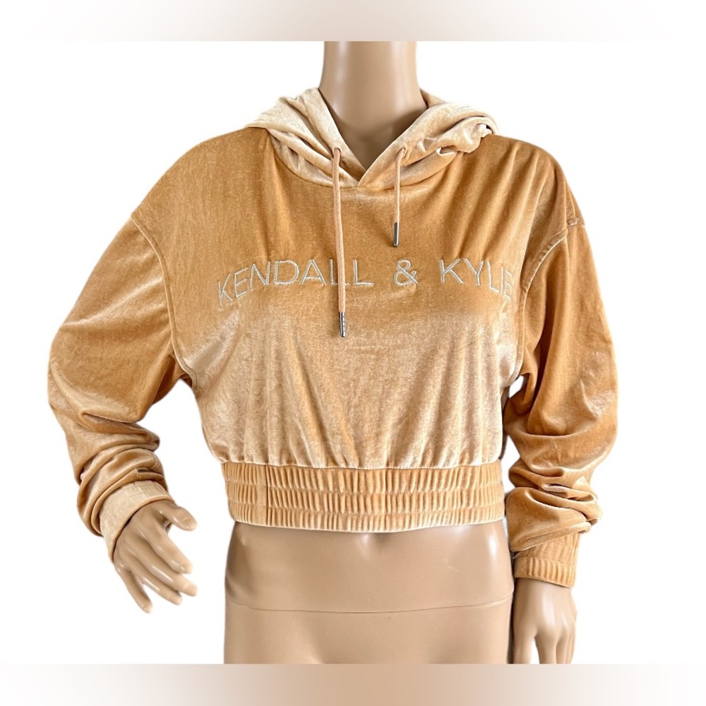 Kendall & Kylie Hooded Velor Sweatshirt Gold Crop Embroidered Logo